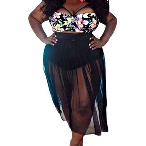 Floral Top/Black Mesh Skirt Bottom Two Piece Suit